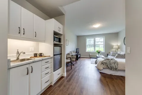 White kitchenette opening onto a room with a bed and large window