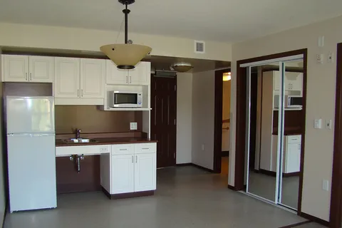Empty suite kitchenette with cabinets, refrigerator and mirrored wardrobe.