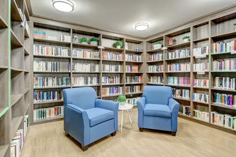 Library with two blue armchairs and shelves of books