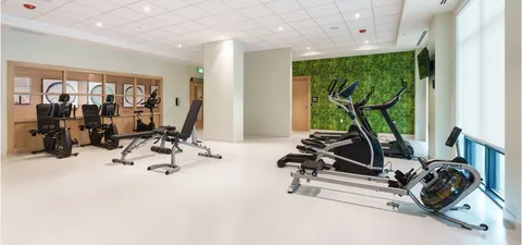 Exercise machines and a weight bench in a bright room with large windows