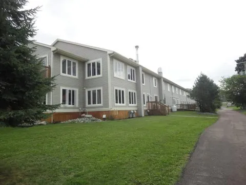 Side of the residence with windows, lawn and a paved path.