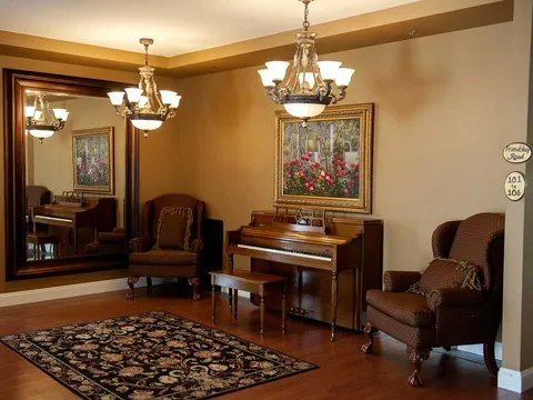 Upright piano and two armchairs beside a large mirror and a floral painting