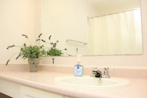 Bathroom counter with a sink, flowers and wall mirror