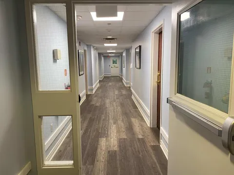 Hallway with wood-look flooring, doors and a glass partition