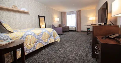 Suite with a bed, desk, television and seating by the window