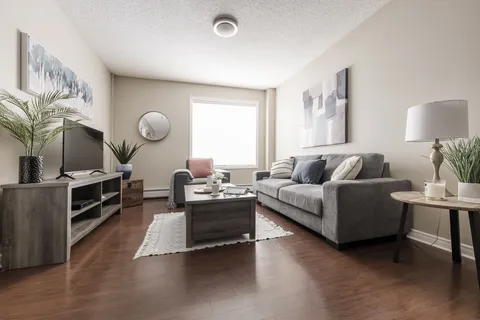 Sitting area with a grey sofa, television and coffee table