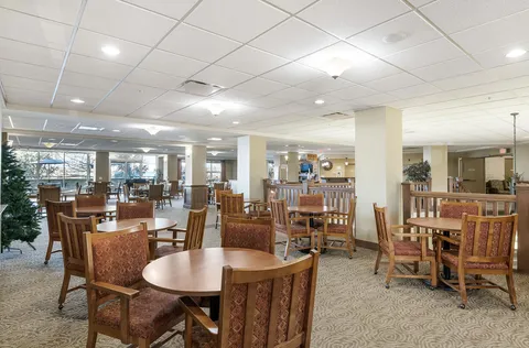 Dining room with wooden tables, upholstered chairs and large windows