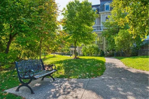 Walking path and bench beside a lawn and trees.