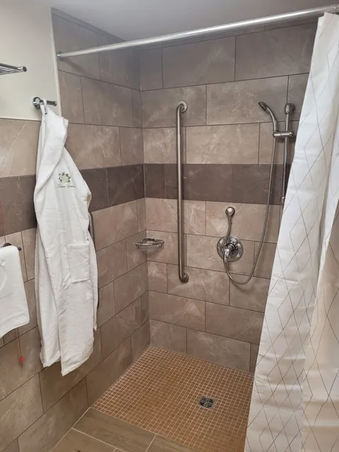 Tiled shower with grab rails and a shower curtain.