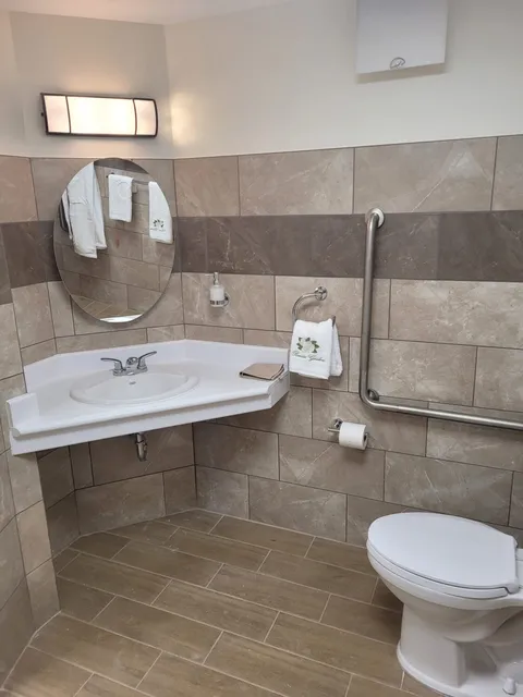 Accessible bathroom with a sink and grab rails.