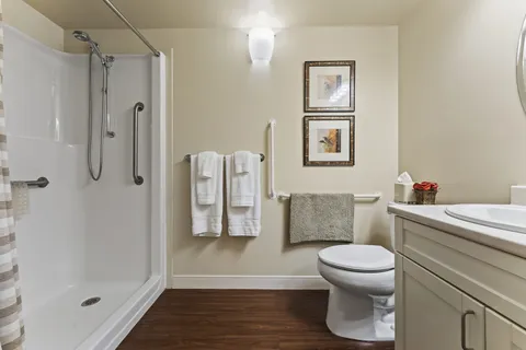 Bathroom with a shower, grab bars, toilet and sink