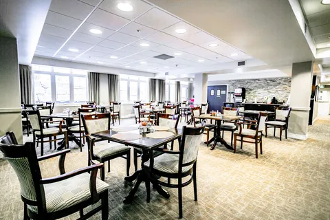 Dining room with dark wooden tables and chairs beside large windows