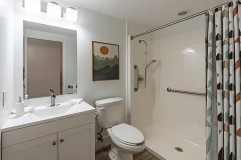 Bathroom with a vanity, toilet, shower curtain and grab bars