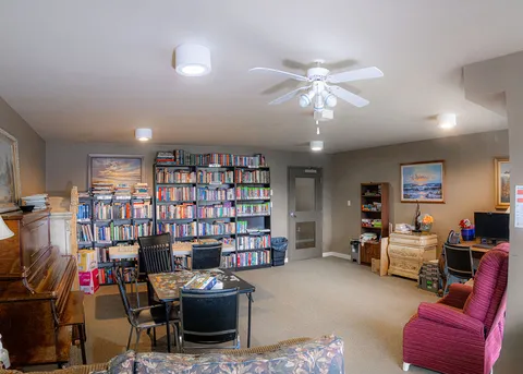 Library with shelves, armchairs and a ceiling fan.