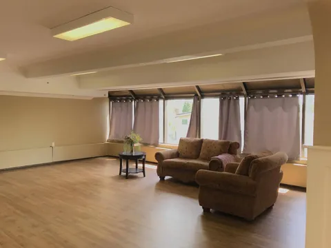 Open room with a brown sofa, armchair, small table and curtained windows