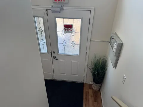 Interior doorway with glass panels, a mat and a potted plant