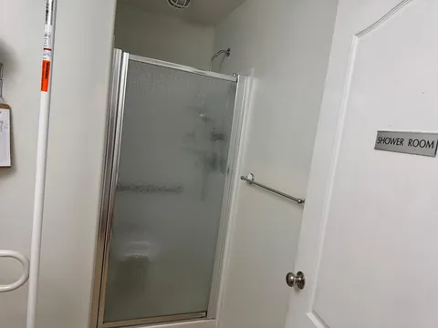 Shower room with a glass enclosure and handrails