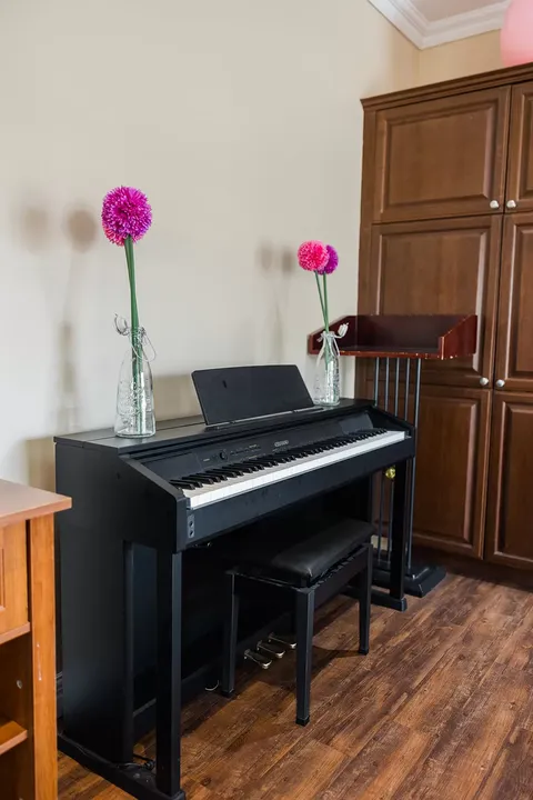 Electric piano with a bench and two tall pink flowers
