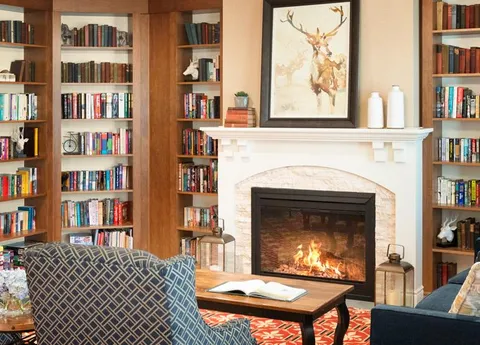 Library lounge with bookshelves and a fireplace.