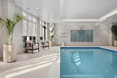 Indoor pool with pale tiled walls, plants and large windows