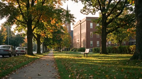 Brick building beside a tree-lined sidewalk and a lawn