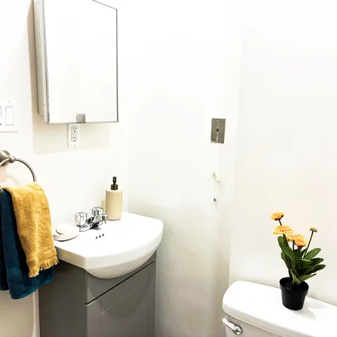 Bathroom with a vanity, mirror, toilet and flowers