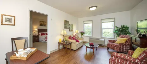 Sitting area with patterned chairs, a sofa, a television and a dining table