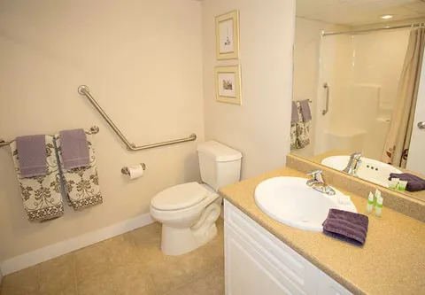 Bathroom with a toilet, sink, mirror and grab rails