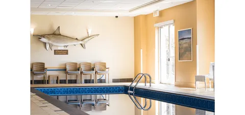 Indoor pool with handrails, chairs and a mounted fish on the wall