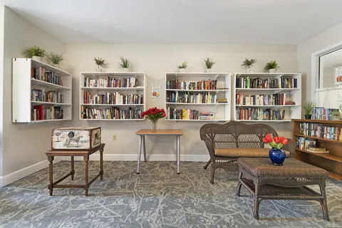 Library with bookshelves, sofas, a bench and a patterned rug.