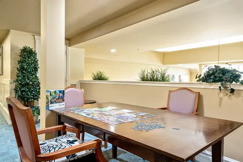 Wooden table with a jigsaw puzzle, chairs and indoor plants
