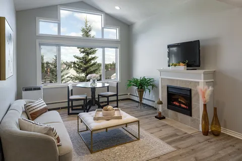 Apartment living room with sofa, fireplace and large windows.