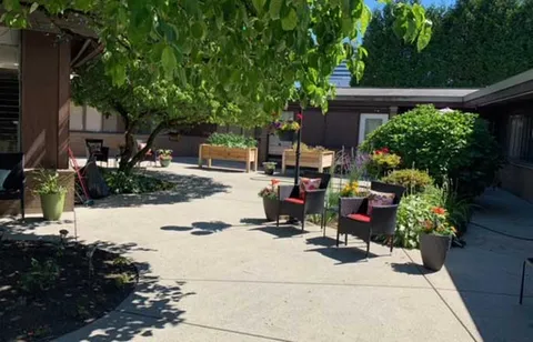 Courtyard with a large tree, patio chairs and flower pots