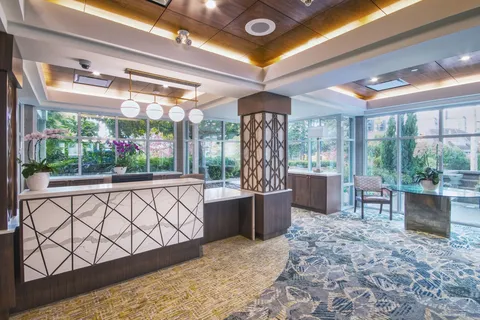 Counter and seating beneath pendant lights beside large windows.
