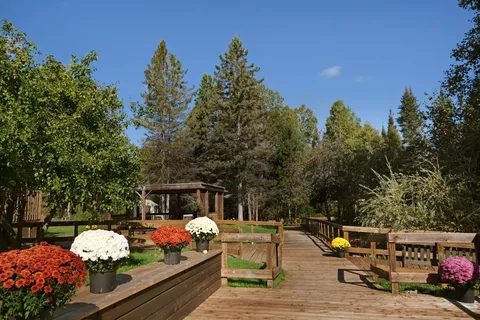 Wooden garden walkway with benches and flower beds