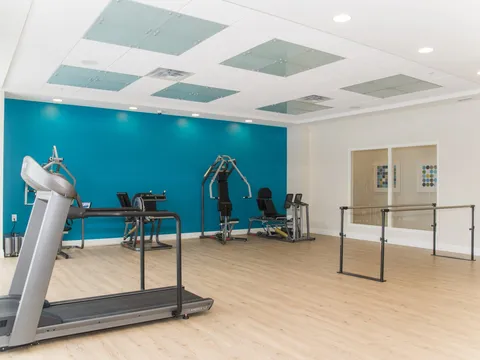 Fitness room with a treadmill, exercise machines and parallel bars