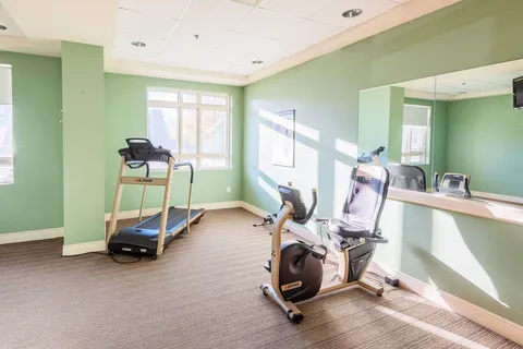 Treadmill and exercise bike beside a wall mirror