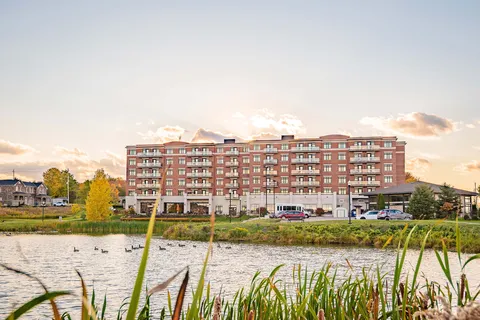 Multi-storey residence beside a pond with reeds and waterfowl