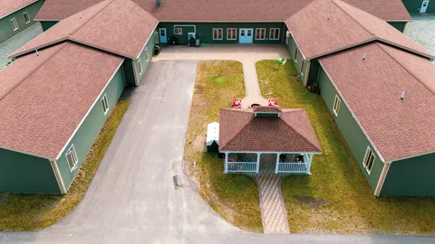 Aerial view of the courtyard surrounded by residence buildings.