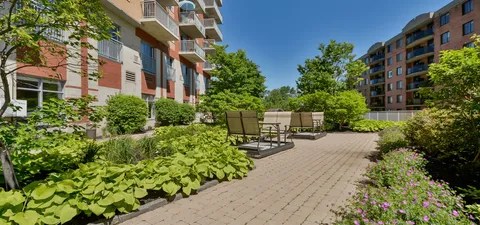 Garden path and outdoor benches between residence buildings