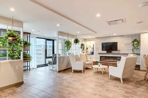 Lounge with cream armchairs, an electric fireplace, a television and hanging plants.