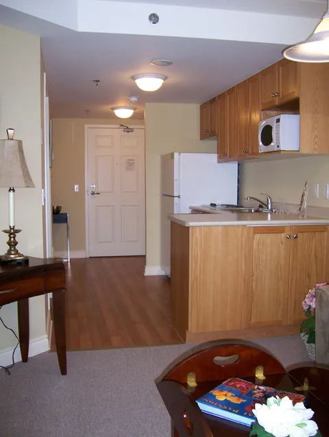 Apartment kitchenette with wood cabinets and a refrigerator.