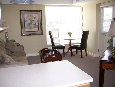 Apartment sitting and dining area beside a window.