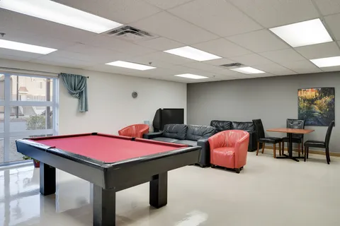 Room with a red pool table, sofas, armchairs and a television