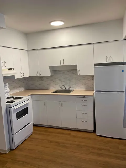 Kitchen with white cabinets, a stove, refrigerator and range hood