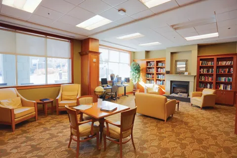 Library with bookshelves, yellow seating and a fireplace