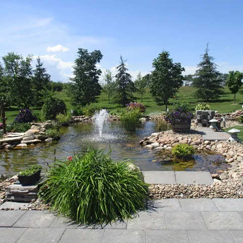 Garden pond with a fountain, rocks and paved paths.