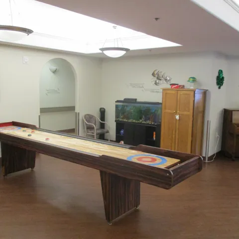 Games room with a shuffleboard table and wooden cabinets.