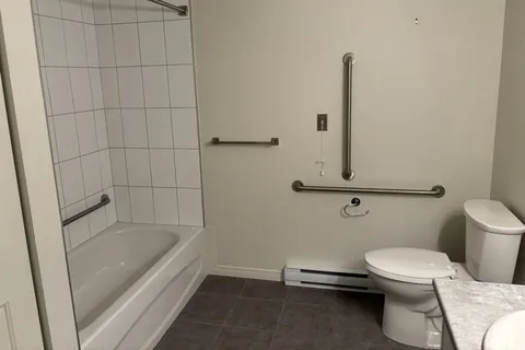 Bathroom with a tub, toilet and wall-mounted grab bars