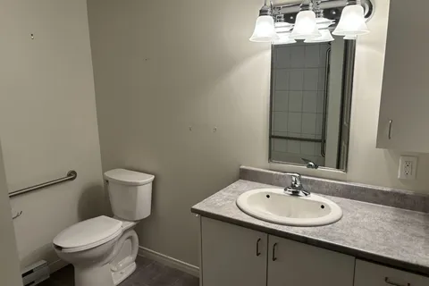 Bathroom with a toilet, sink, mirror and grab bar